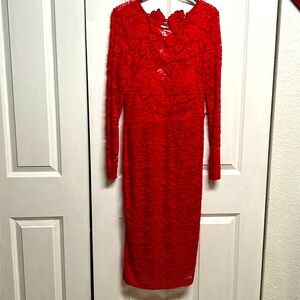 Bisou Bisou Red Long Sleeve Lace Midi Dress Size 12 NWT